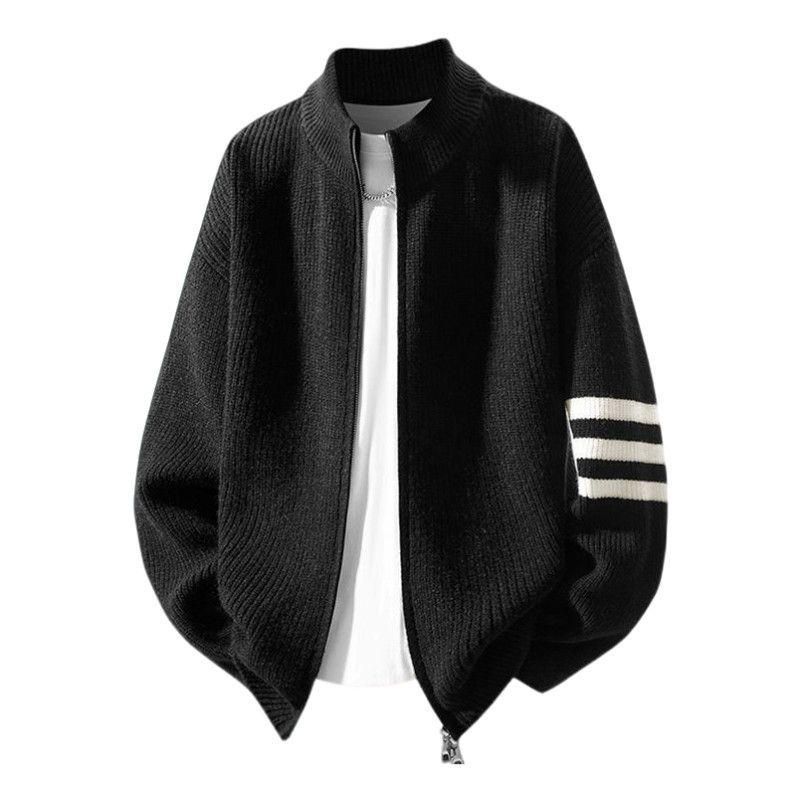 Мужской полосатый вязаный кардиган-свитер с воротником-стойкой Medium