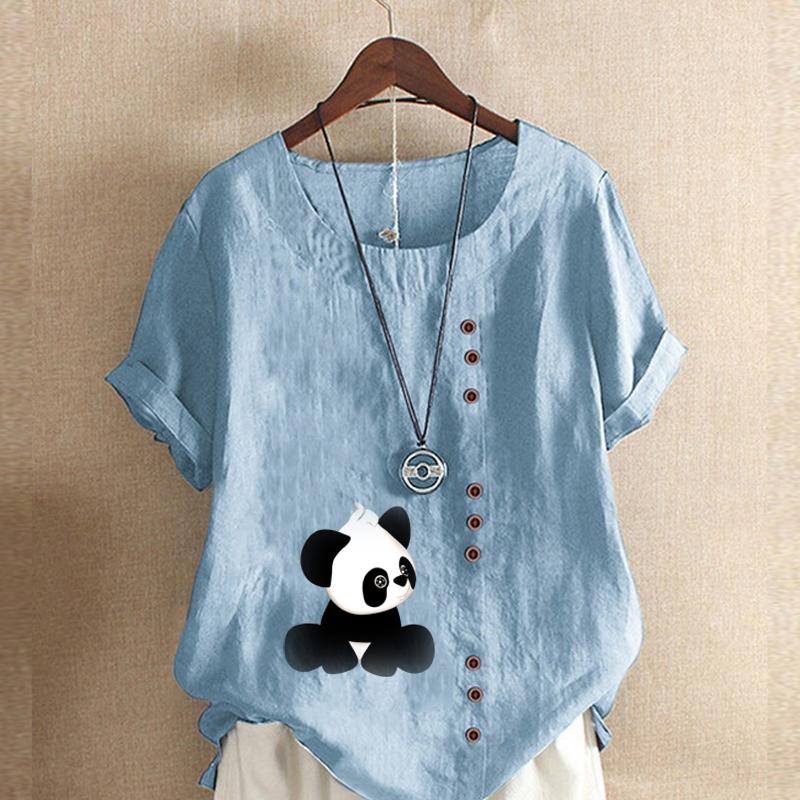 Women's Fashion Round Neck Short Sleeve T-shirt Casual Cotton Linen Graphic Shirt Panda Prined Summer Blouse Tops