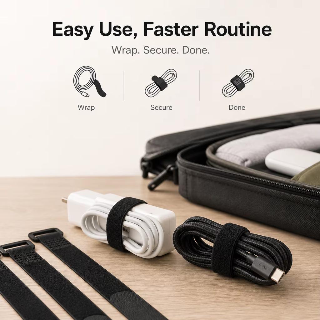 Reusable Black Nylon Hook and Loop Cinch Straps Adjustable Wire Fastener Cable Ties For Household Office Cord ArrangementStoragePinstriping Tape 3