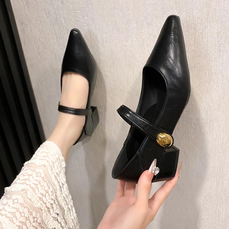 Mode 2025 Retro-Stil Damen Pumps Lässig Schnalle Damen Niedriger Absatz Klassische Schuhe Metallische Dekoration Flacher Ausschnitt Einzelne Schuhe