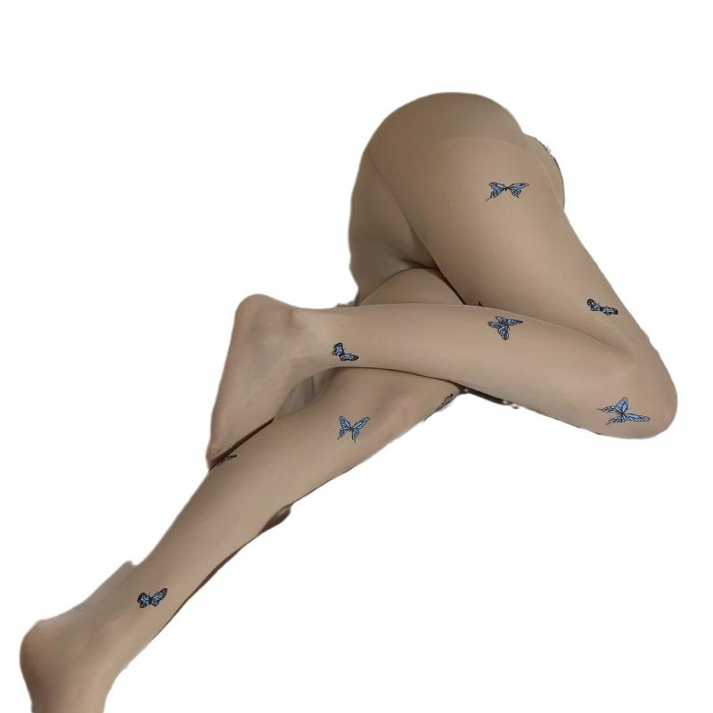 Sex stockings blue butterfly print jumpsuit legs stockings sexy pure women leggings babes