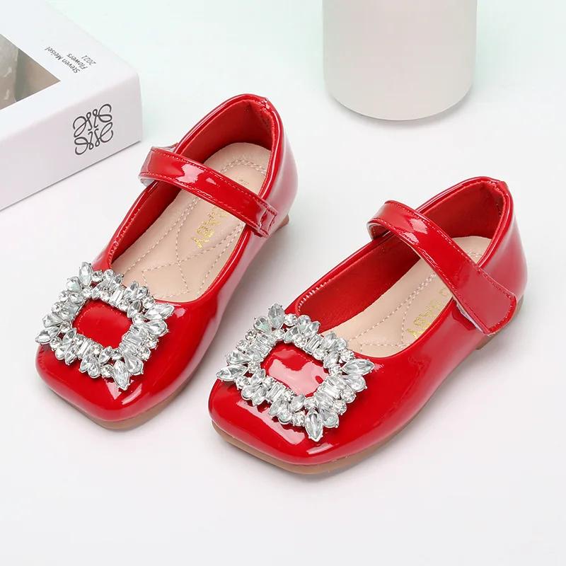 Girls Leather Shoes Korean Style Rhinestones Princess Mary Jane Kids Fashion Flats Hook & Loop Simple Girls Spring Flats Elegant