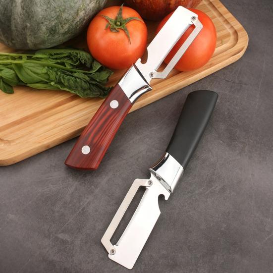 Vegetable Peeler with Wood Handle 3-in-1 Stainless Steel Kitchen Tool Bottle Opener Ergonomic Rust-Proof Portable Camping Food Prep Tool