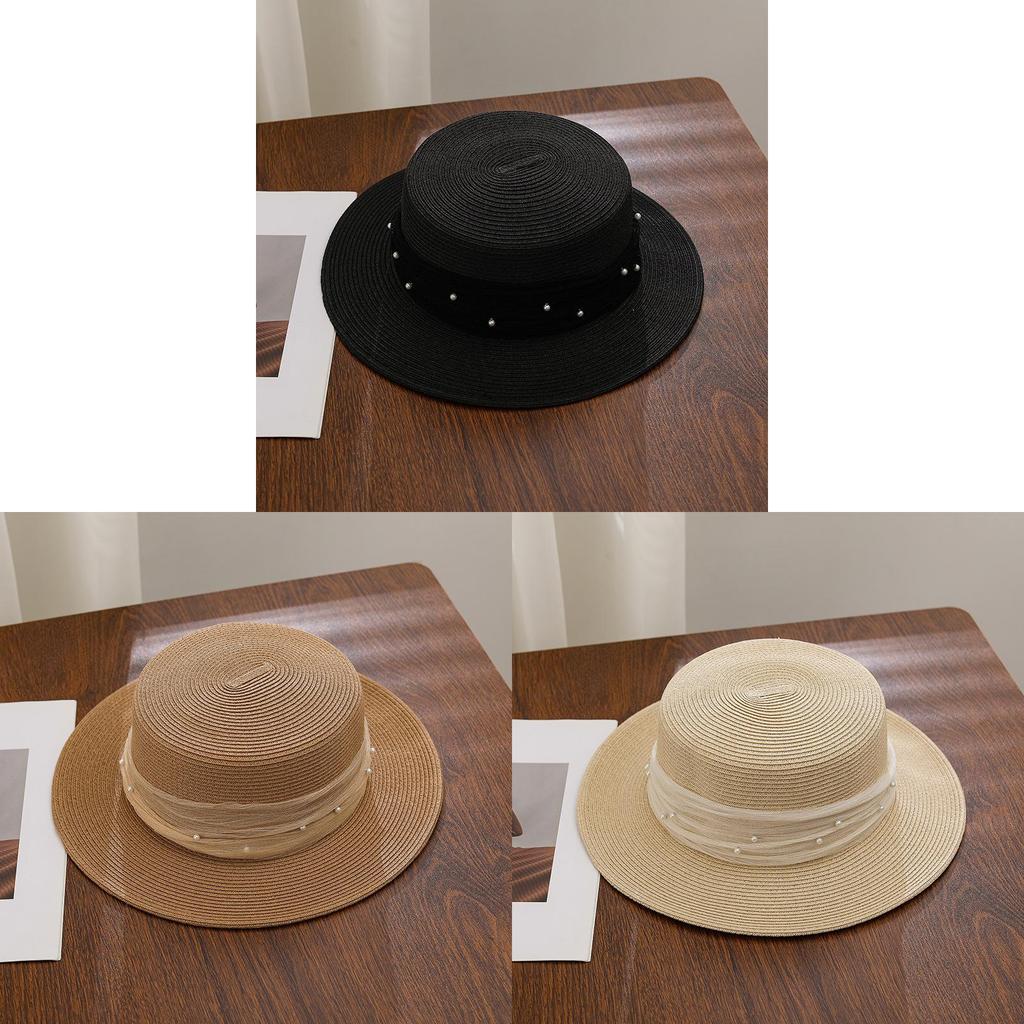 French Lace Pearl Straw Hat Summer Sunshade Wide Brim Breathable For Beach Vacation