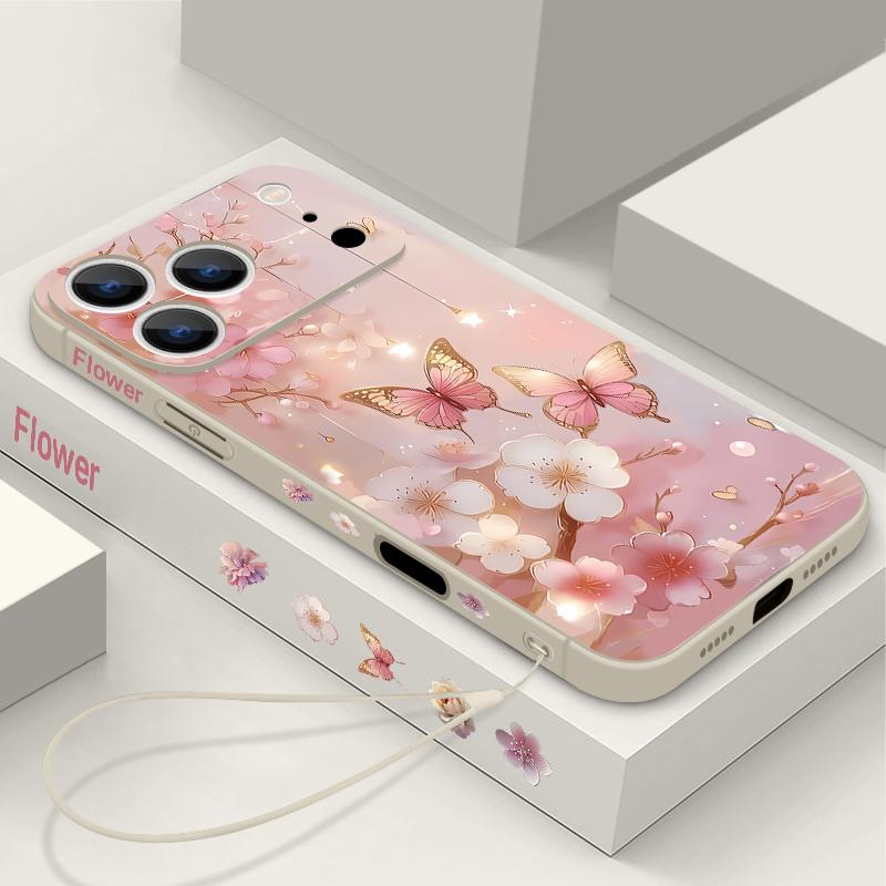 Dream Butterfly Floral Pattern Lanyard Case For iPhone 17 Pro Max Soft Silicone Cover For iPhone 16 Pro Max Funda iPhone 15 14 13 12 11 16E
