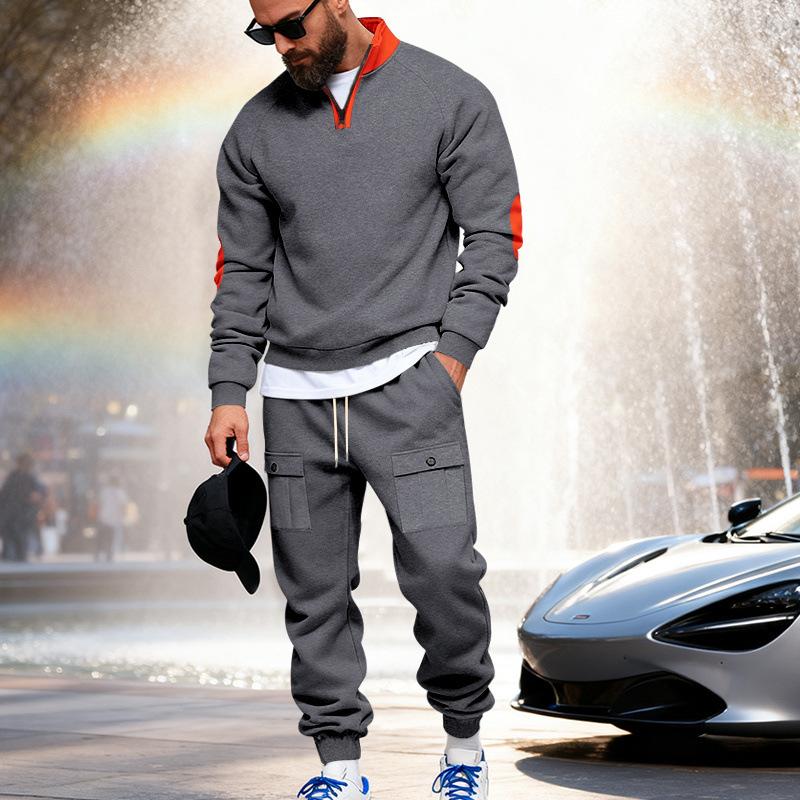 Fashionable Winter New Men's Velvet Loose Stand-up Collar Casual Versatile Solid Color Sweatshirt Overalls Sweatpants Suit