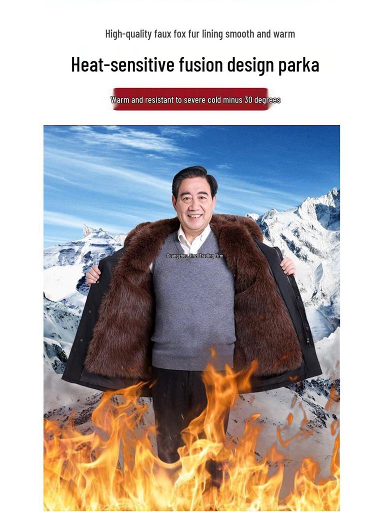 Men's Mid-Length Thickened Parka with Removable Fox Fur Liner and Fur Lining - Winter Coat