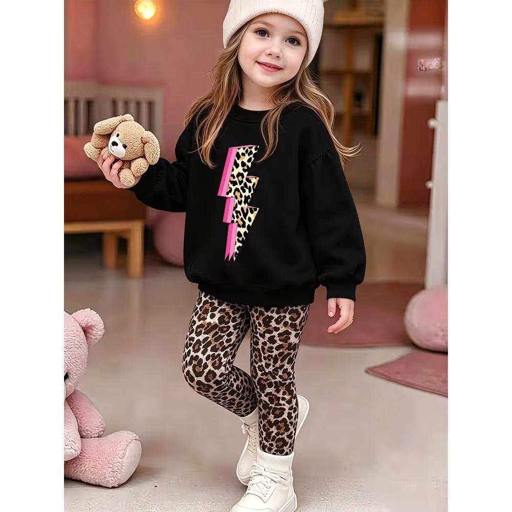 Girls' Leopard Lightning Casual Comfortable Soft Loose Pullover Sweatshirt and Leggings 2-Piece Set, New Autumn/Winter, Playful, Sweet and Cool Style