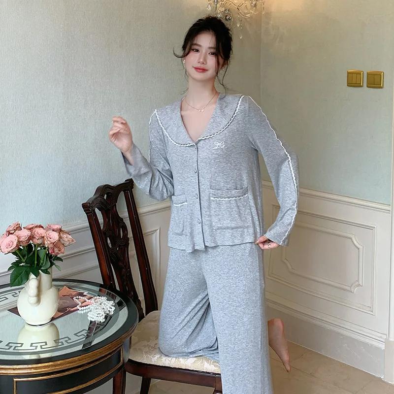 Französischer Pyjama Damen Herbst Neu Baumwolle Schlicht Reiner Stil Langarm Hausanzug Zweiteiliges Outfit