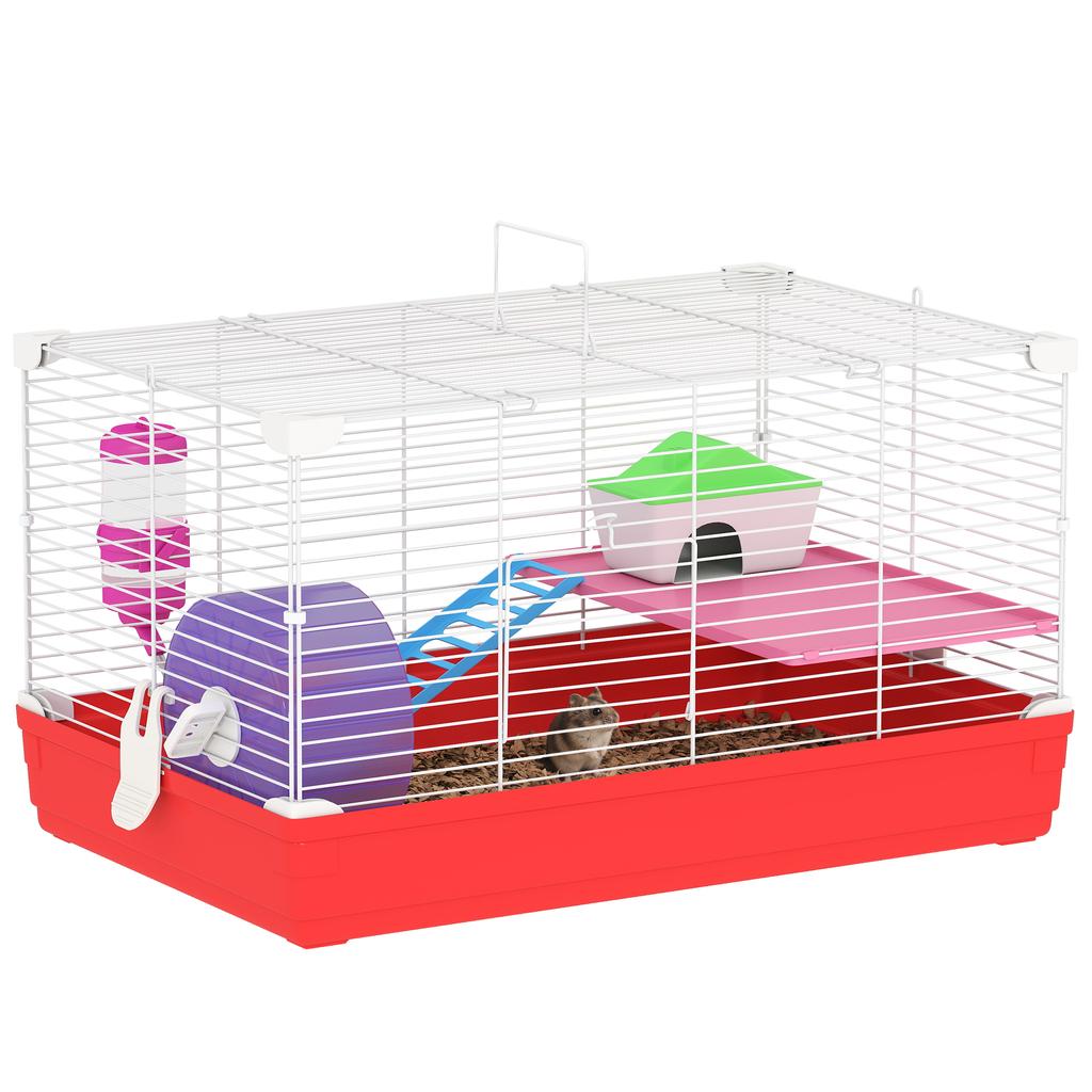2-Tier Metal and PP Hamster Cage with House, Water Tank and Wheel, 47x30x27 Cm