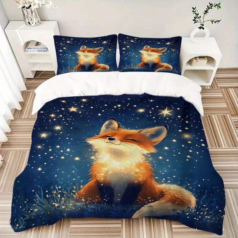 3pcs Enchanted Fox Gazing At Starry Night Sky Quilt Set, Soft and Comfortable Bedroom