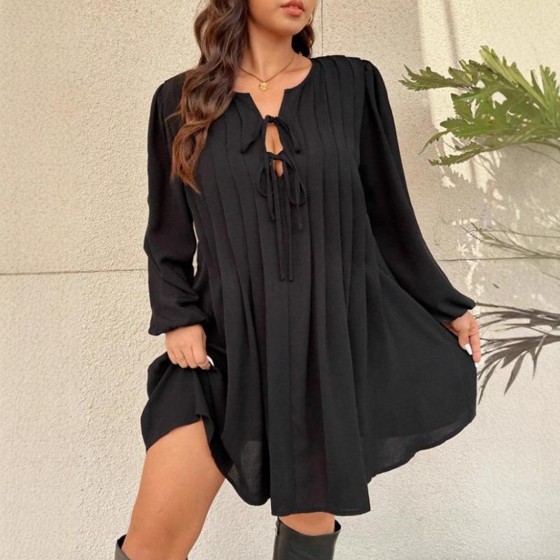 Loose Plus Size Solid V Neck Long Sleeve Casual Dress