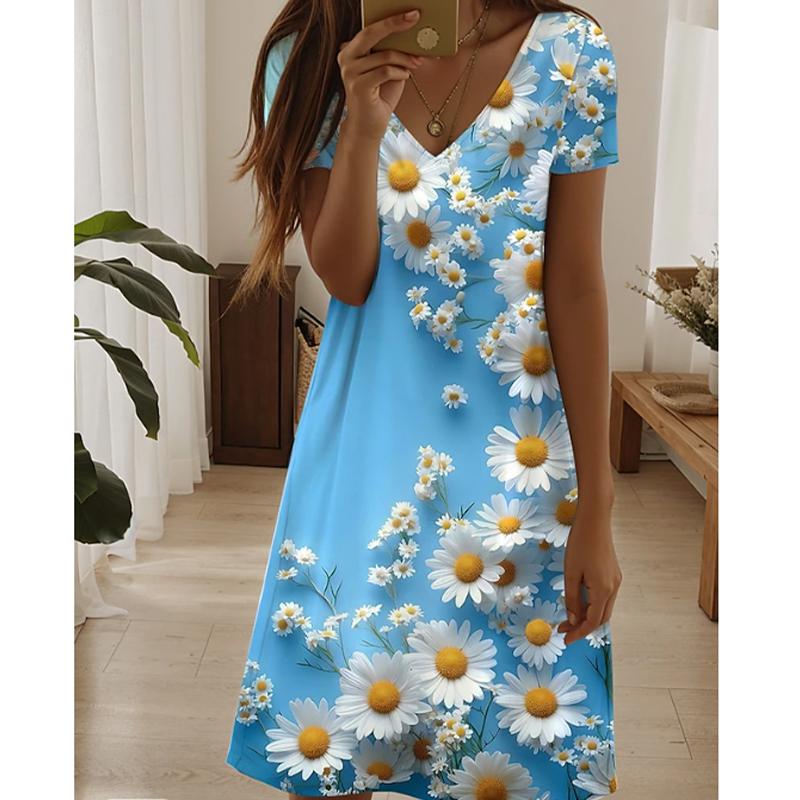 Sommermote Dame V-hals Kort Erme Retro Blomsterprint Kjole Sex Korte Skjørt Kjoler