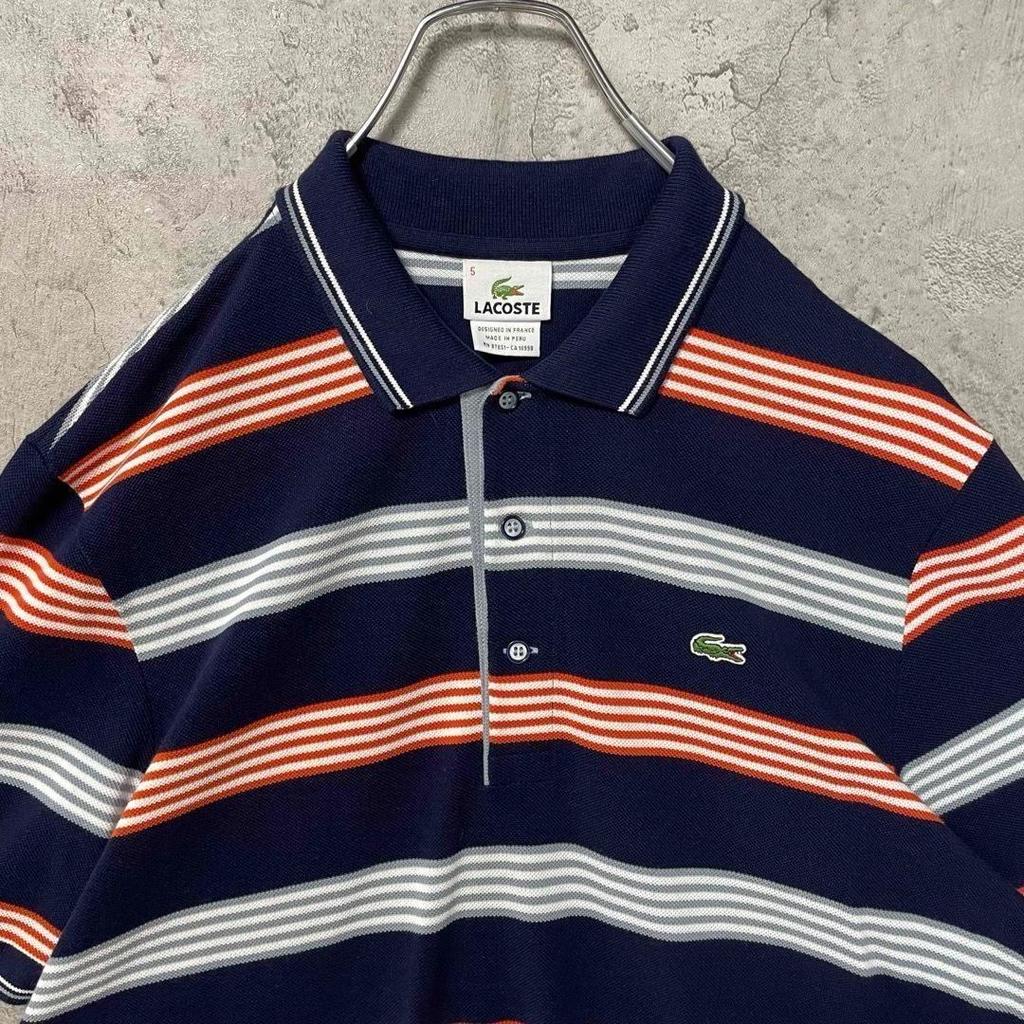 Used LACOSTE Short Sleeve Polo Shirt Border Pique Crocodile Logo Patch One Point Men's 5 Sizes L To XL Equivalent Navy