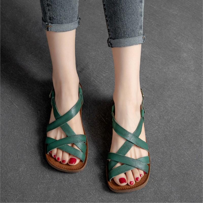 Johnature Simple Genuine Leather Flat Sandals Casual Solid Color Soft Sole Comfortable Versatile Women Shoes
