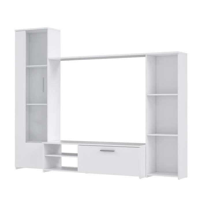 Meuble TV paroi PILVI - Particules mélaminé -Décor blanc mat - porte vitrée + 1 abattant + 5 niches - L220 x P41 x H177,5 cm