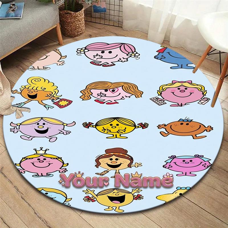 Mr. Men Little Miss Custom Name Round Area Rug,Carpet Rug for Living Room Bedroom Sofa Playroom Decor,Non-slip Floor Mat