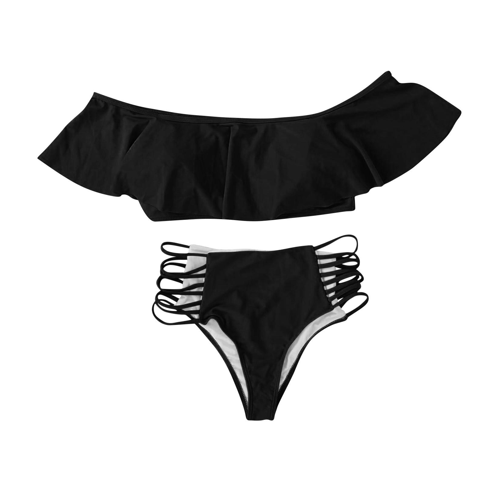 

Женский модный однотонный раздельный купальник с открытыми плечами и оборками, комплект из 2 частей, пляжный купальник-бикини XXXXXL чёрный