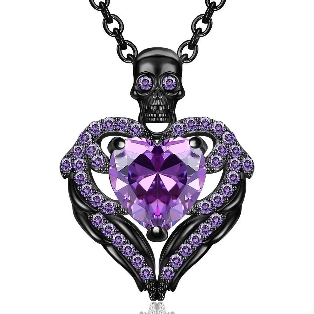 Heart Purple Red Angel Wing Crystal Zircon Women's Skull Black Pendant Necklaces Mother's Day Halloween Christmas Jewelry