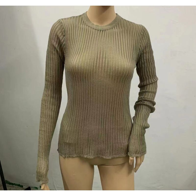 2022 Fashion Wind Long Sleeve round Neck Top Sexy Thin Perspective Knitwear Thin Knitted Top