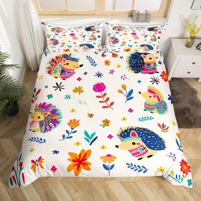 Lovely Hedgehog Duvet Cover Twin King ,Hippie Funky Flower Bedding Set for Kids Boys Girls,Funny Tribal Hedgehog Comforter Cover