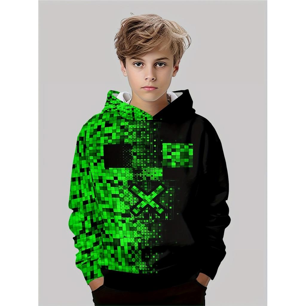 Boys' Fashionable 3D Printed Casual Pullover, Spring and Autumn Long Sleeved Sportswear, Boys' Outdoor Hoodie Top