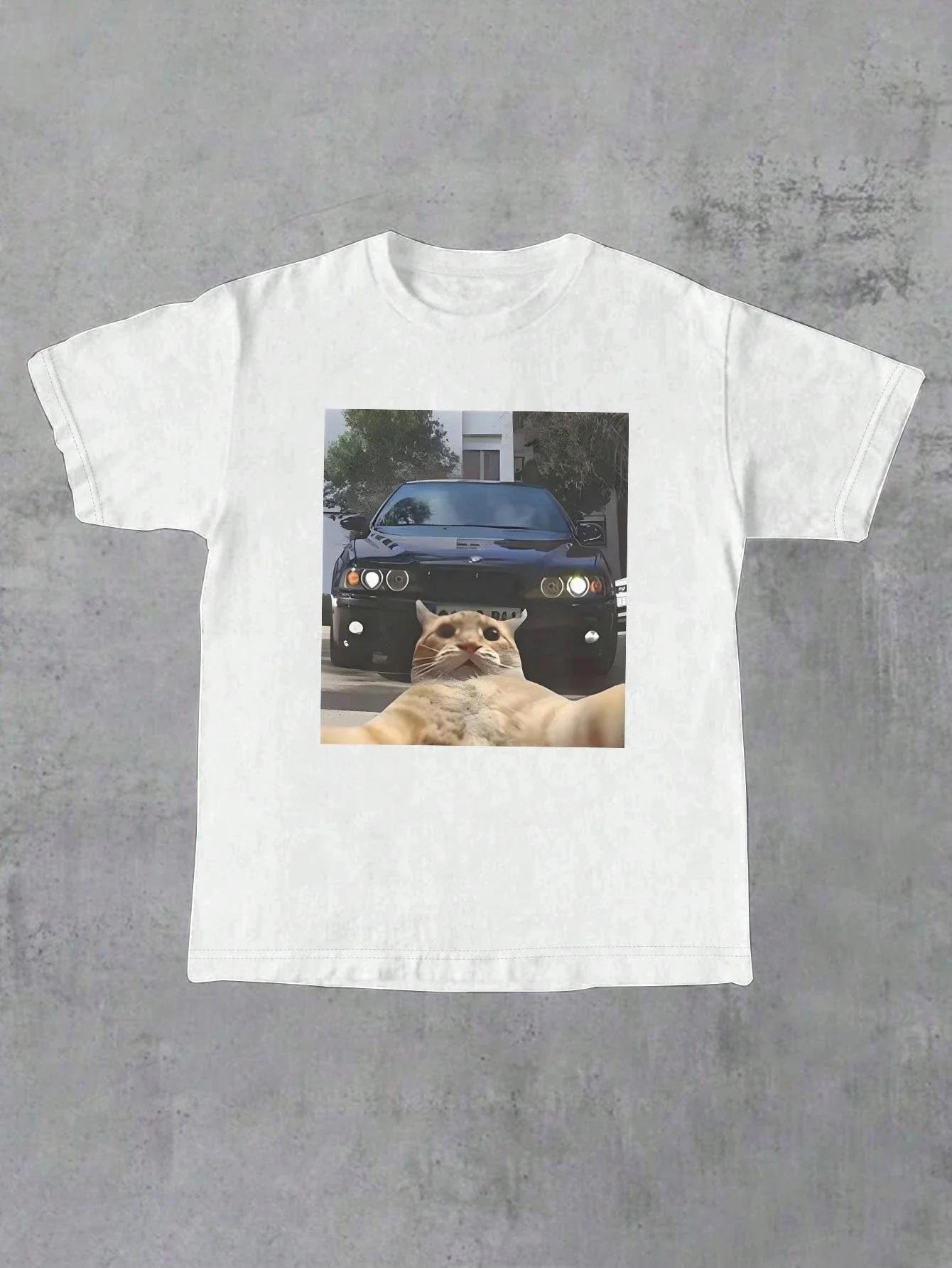 

Cute Cat Selfie Meme Printed Trendy Creativity T-Shirt Fashion Funny Round Neck T-shirt Women s Clothes Casual Clothing Y2k Top 4XL