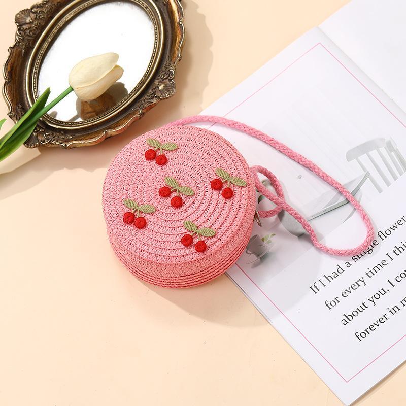 Kinder faltbare gewebte Strohtasche Sommer Mädchen Umhängetaschen Rote Kirschen Kinder Handtaschen Strand Reise Crossbody Taschen Kleine Geldbörsen