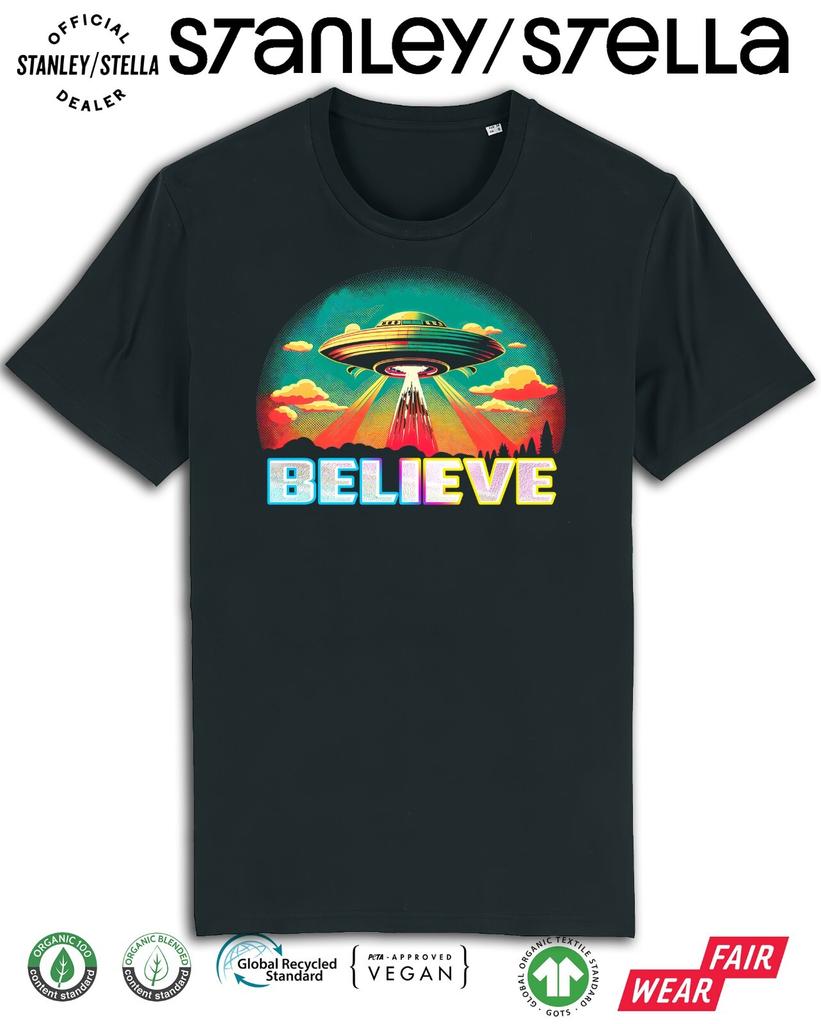 Mens UFO Spaceship Believe T-Shirt Mens Womens Tees Top Invasion Sci-Fi Cotton Aliens Tee
