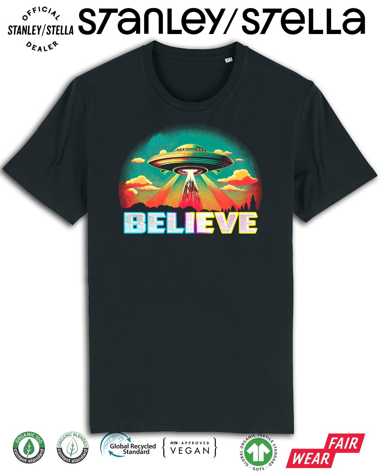 Mens UFO Spaceship Believe T-Shirt Mens Womens Tees Top Invasion Sci-Fi Cotton Aliens Tee 4XL