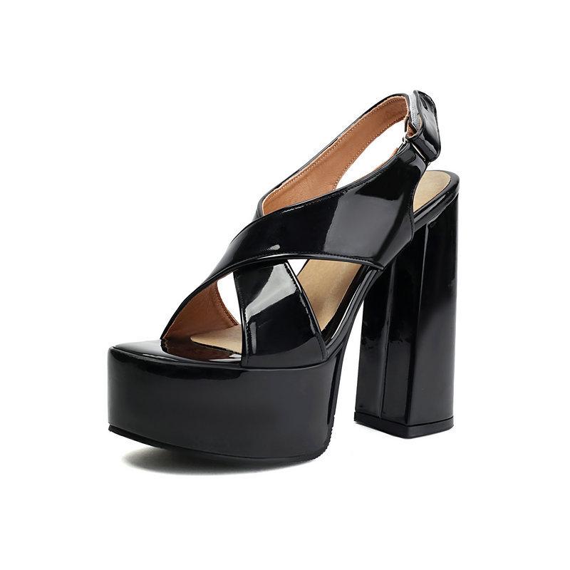 Women`s Patent Leather Chunky Heel Cross