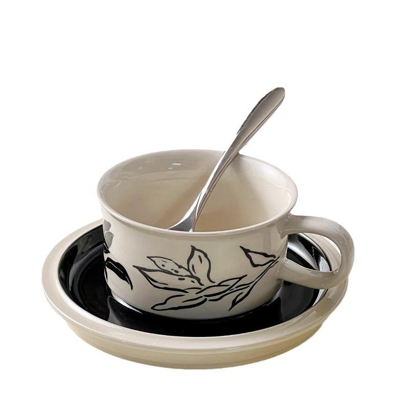 

High value black lily ceramic coffee cup set creative flower latte cup saucer French afternoon tea cup about 250ml