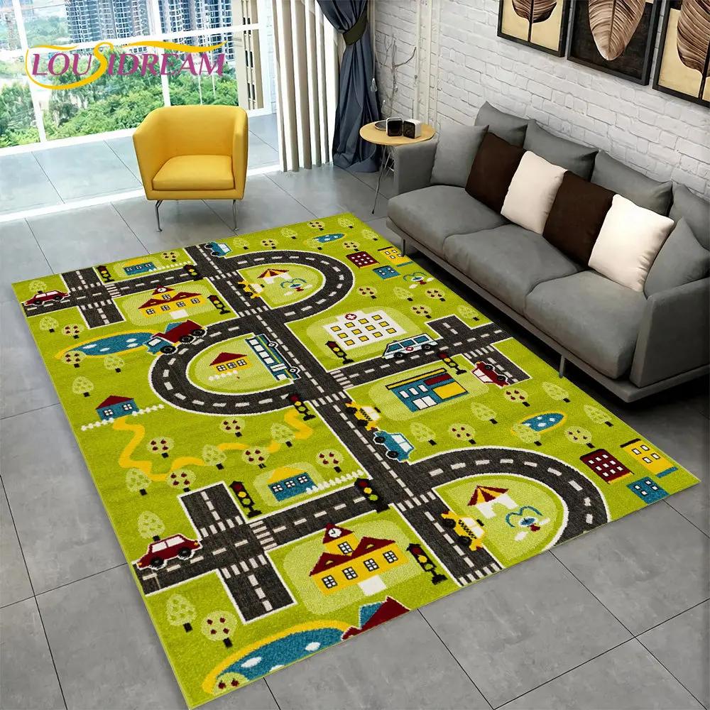 Highway City Traffic Cartoon Area Rug,Carpet Rug for Living Room Playroom Children's Bedroom Decor,Kid Game Non-slip Floor Mat