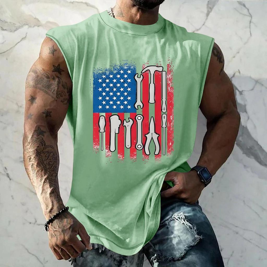 Men's Loose Fit Sleeveless Tank Top Casual Sportswear Muscle Shirt with Tool Print Graphic for Labor Day Outdoor Activities