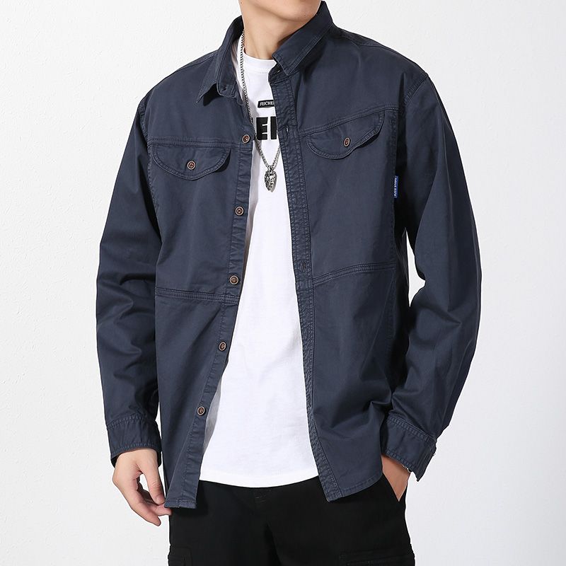 Men's Casual Long-Sleeved Shirt Trendy Brand Loose Fit Cotton Stretch Versatile Cargo Jacket Autumn Top