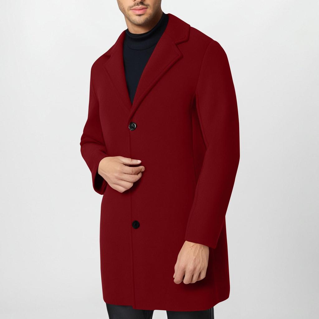 Trench Coat Men Wool Blend Coat Notched Collar Single Breasted Overcoat Business Casual Winter Jacket With Pockets
