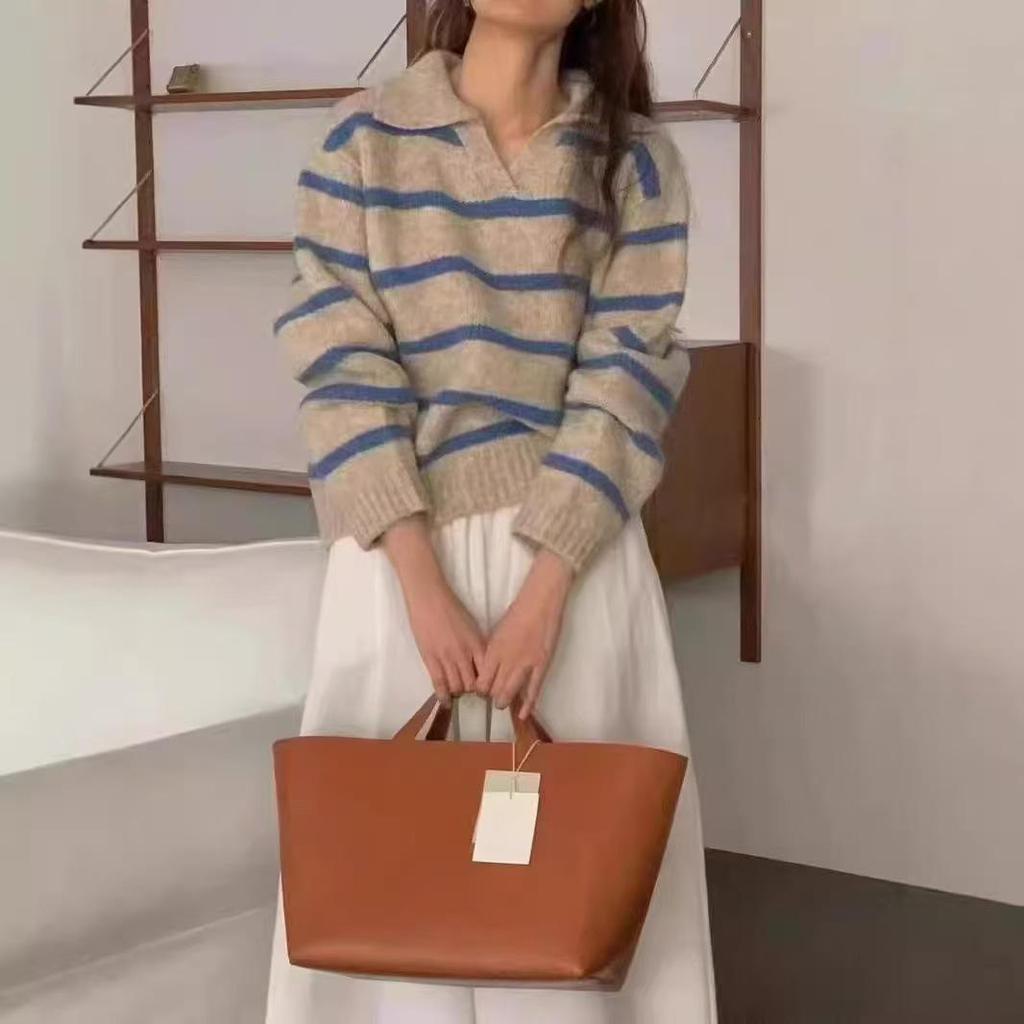 Maglione a Maglia a Righe con Collo a Polo Retrò Chic Coreano 2024 per Donna - Top a Manica Lunga Autunno/Inverno