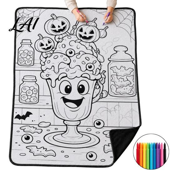 Cozy Couch Blanket with Markers Halloween DIY Coloring 24 Markers Color Your Own Throw Soft Velvet Arts And Crafts Blanket Ghost Pumpkin Patterns