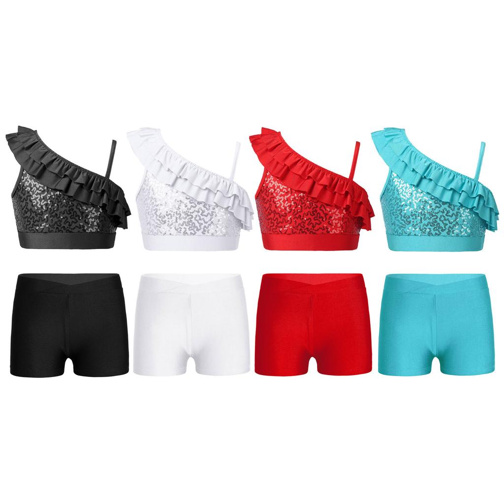 Dívčí Sequin Crop Top Set Asymetrické volánkové ramínka V-výstřih v přední části Pasové šortky Tanec Soutěž
