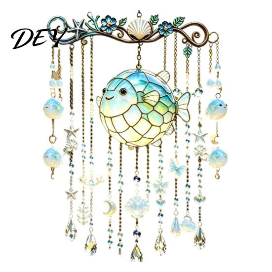 Stained Glass Style Suncatcher Ocean-Themed Crystal Wind Chime, Acrylic Jellyfish Seahorse Pufferfish Hanging Ocean Theme Chimes with Prism
