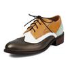 British Women Derbies Spring Autumn Mid Heel Oxfords White Yellow Brown Mixed Color Medallion Vintage Round Toe Lace Up Brogues