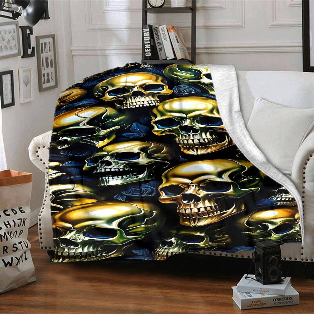 1pc Skulls Roses Blanket, Lightweight Flannel Throw Blanket For Sofa, Bed, Travel, Camping, Living Room, Office, Couch, Chair, And Bed