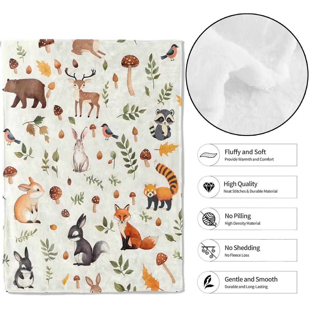 Woodland Animal Throw Blanket, 50x60in, Soft, Lightweight Flannel, Cute Retro Forest Blankets - Gifts for, for Couch Office Trav