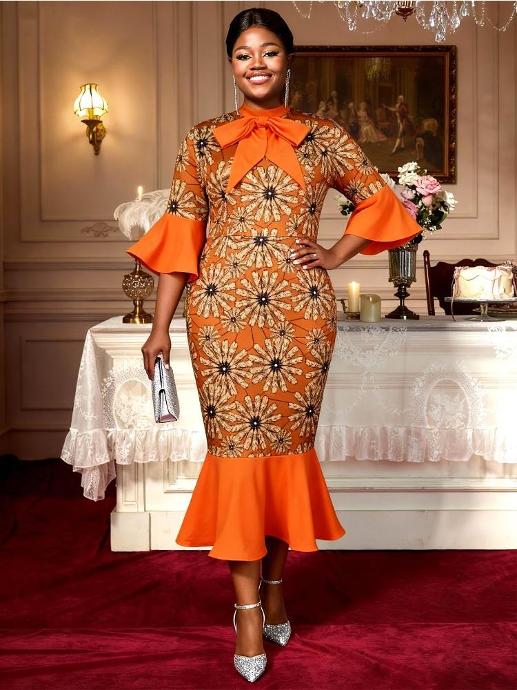 

Женские элегантные платья с принтом, с бантом, полувысоким воротником, рукавами 3/4 клеш, лоскутным дизайном, подолом «русалка», для офиса, для церкви, зимние платья 4XL оранжевый