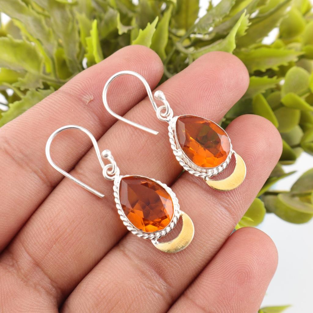 Citrine Gemstone 925 Sterling Silver Handcrafted Jewelry Designer Earrings 1.5" EE-162-2
