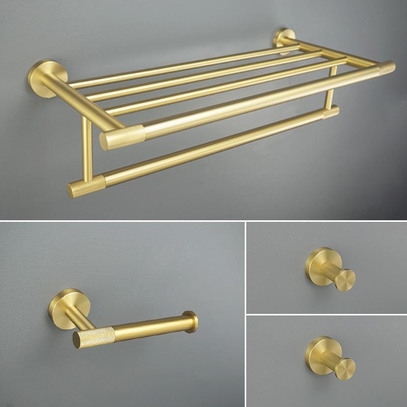 Brushed Gold 304 Stainless Steel Bathroom Set: Knurled Towel Rack, Towel Bar, Paper Holder, and Coat Hook