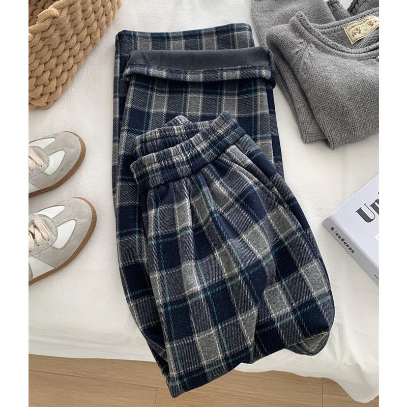 Women s Fleece-Lined Retro Plaid Wide-Leg Pants - Autumn/Winter Casual L