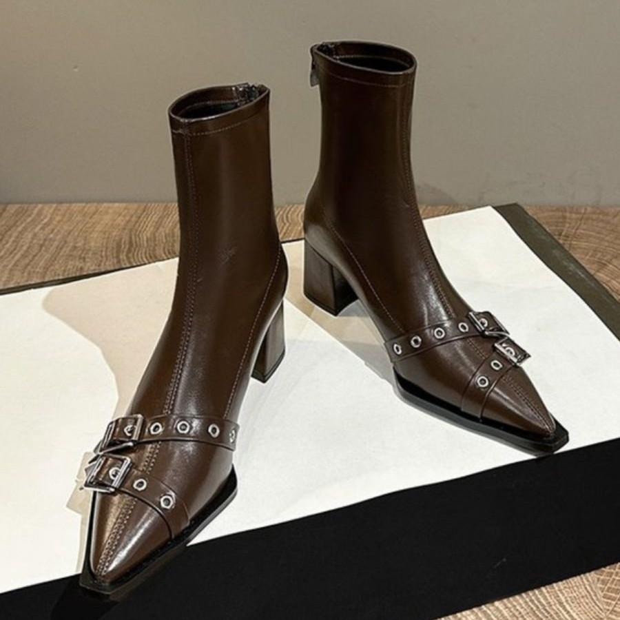 Pointed Short Boots Women's Belt Buckle Thin Boots 2025 Autumn and Winter New European and American Style High Heel Rear Zipper Martin Boots Thick Hee