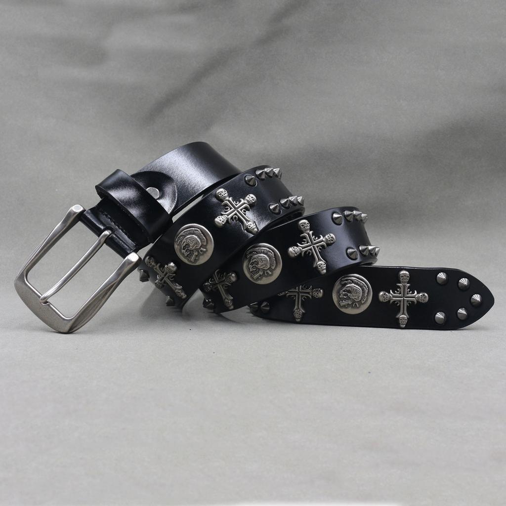 New Style of Personalized Pointed Spike Rivet Cowhide Belt, Cross Skull Decorative Hardware, INS Style