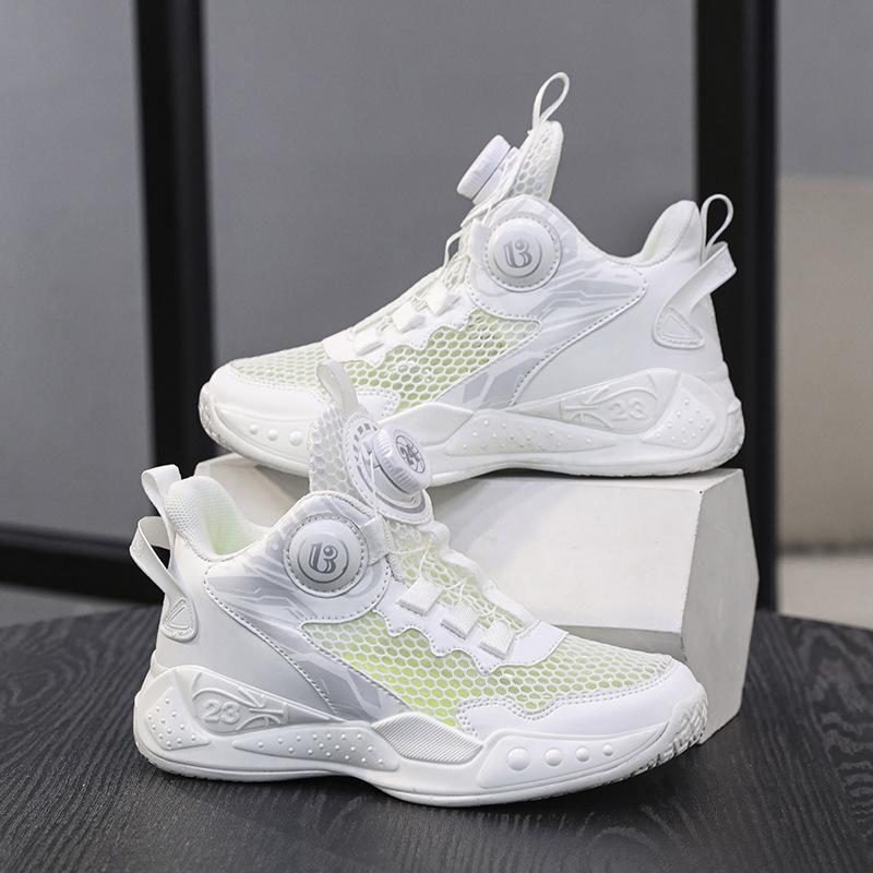 Boys' sneakers mesh breathable 2025 summer new button basketball shoes student fashion middle and older children's shoes trend